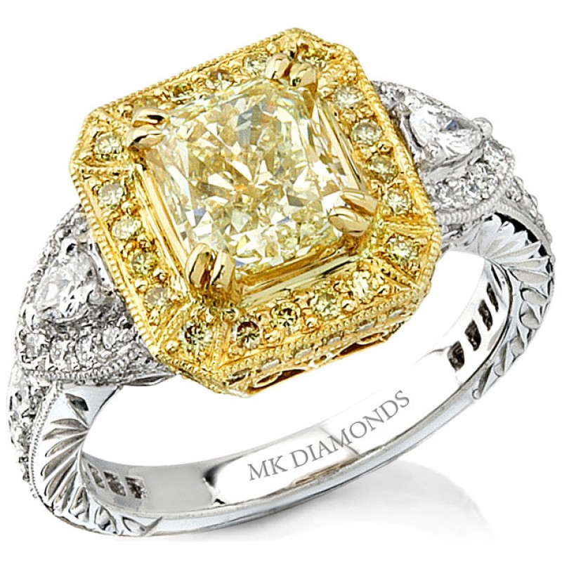 18k White and Yellow Gold Asscher Cut Fancy Yellow Diamond Semi Mount Ring