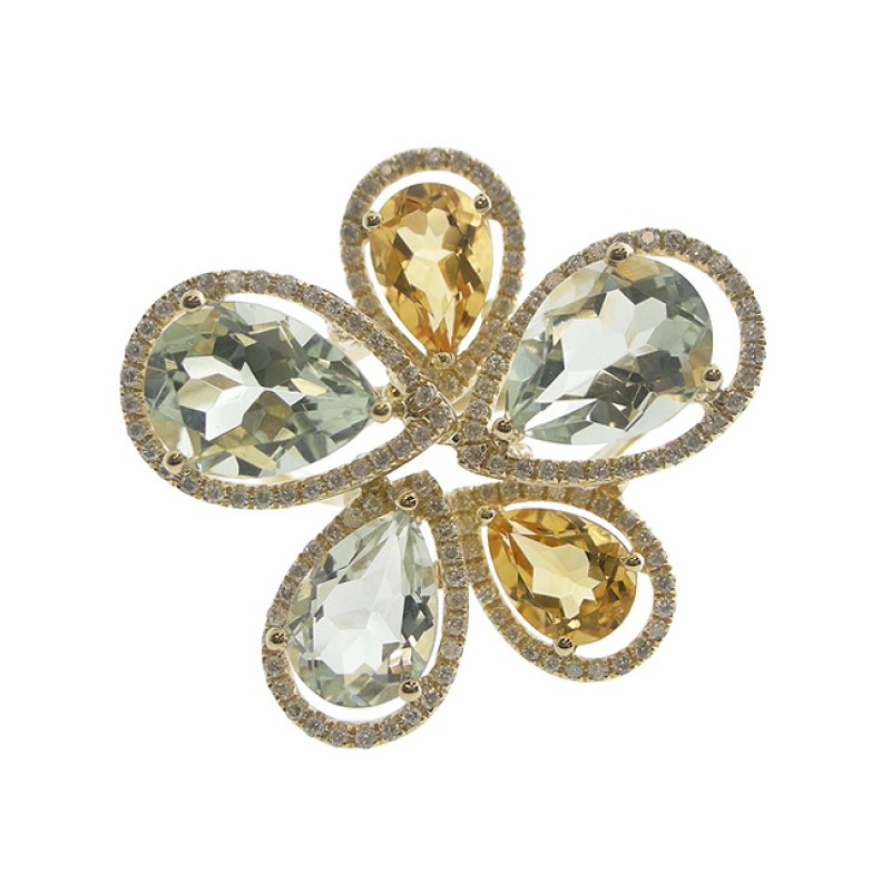 14k Yellow Gold Diamond and Green Amethyst and Citrine Cocktail Ring