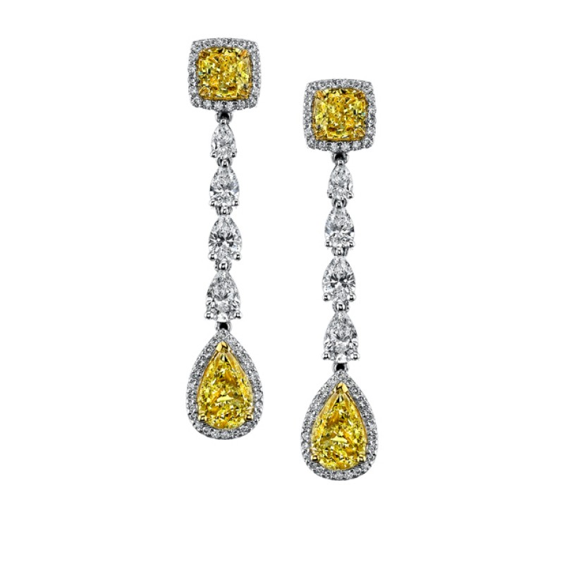 18k White and Yellow Gold Fancy Yellow Pear Cushion Diamond Earrings - NK18119FY-WY
