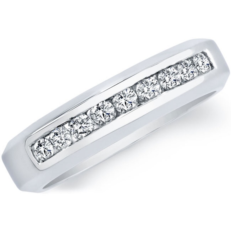 14k White Gold Round Diamond Men's Band