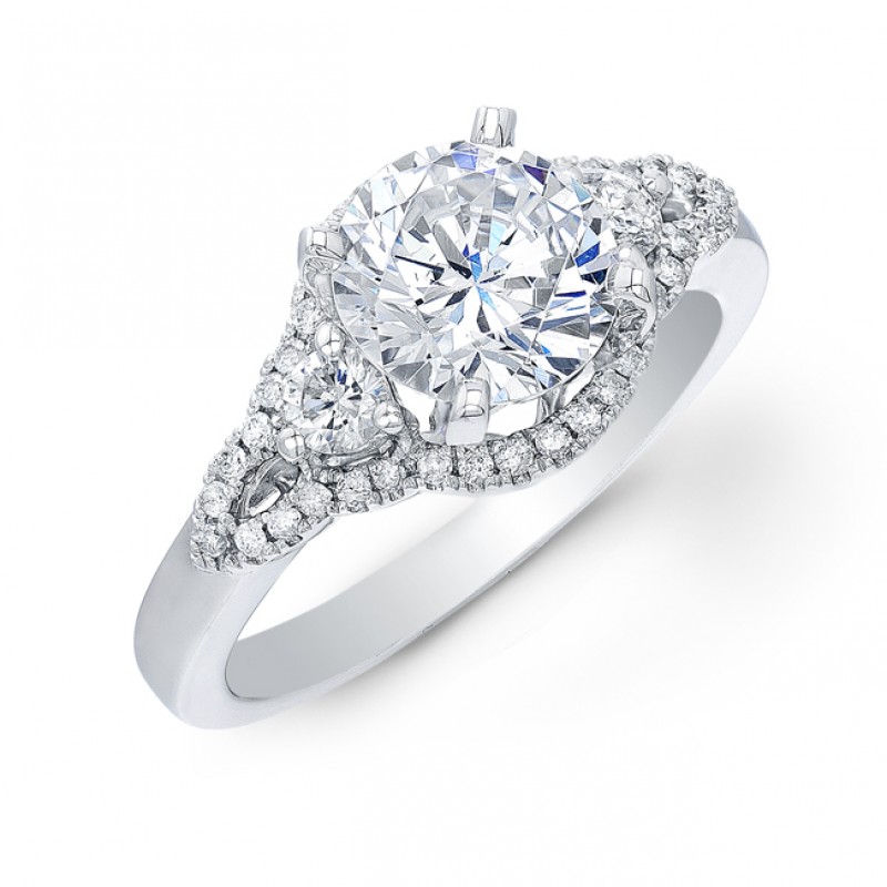 14k White Gold Shimmering Three Stone Diamond Semi Mount