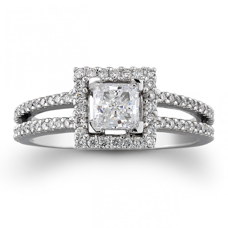 14k White Gold Diamond Halo Split Shank Semi Mount
