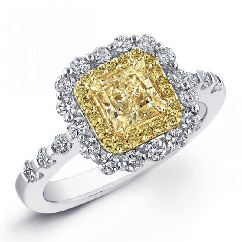 18k White and Yellow Gold Radiant Fancy Yellow Diamond Ring