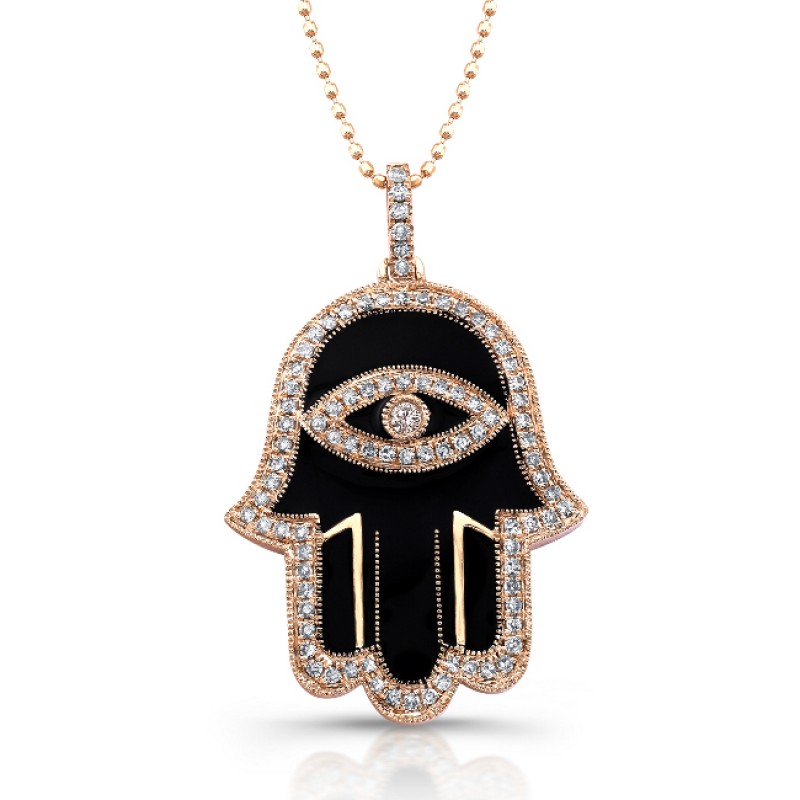 14k Rose Gold Black Enamel Diamond Hamsa Pendant