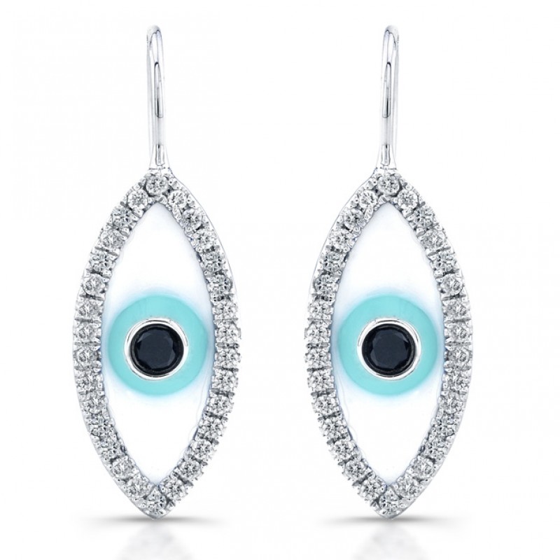 14k White Gold Enamel Diamond Evil Eye Earrings