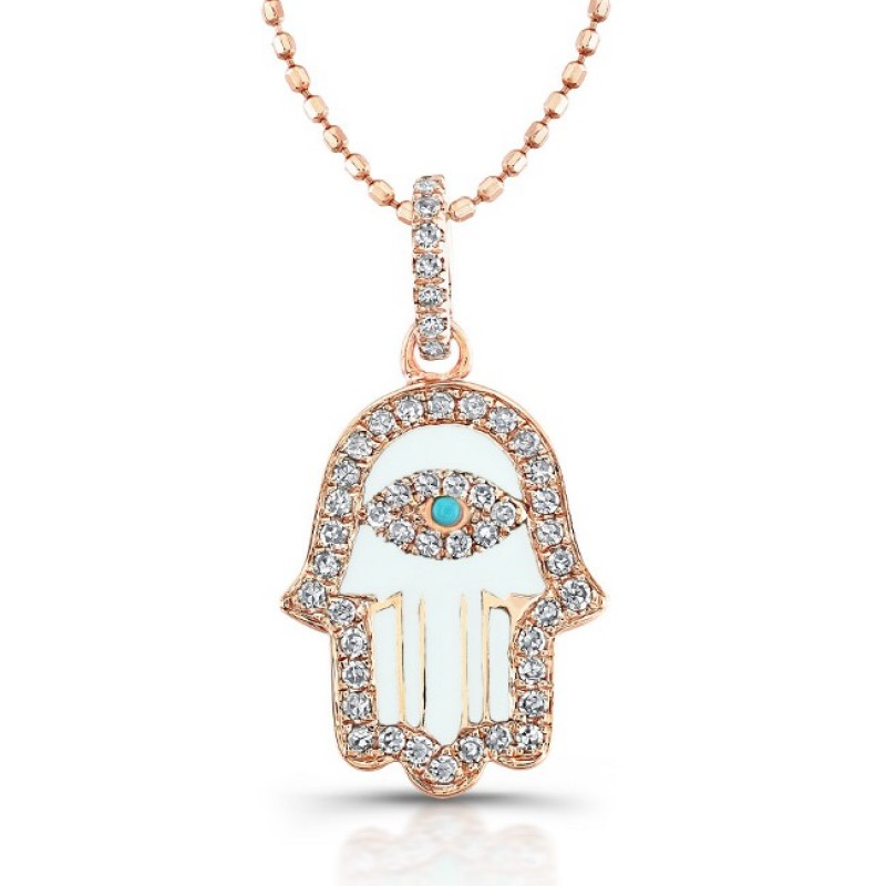 14k Rose Gold Diamond White Enamel Hamsa Pendant