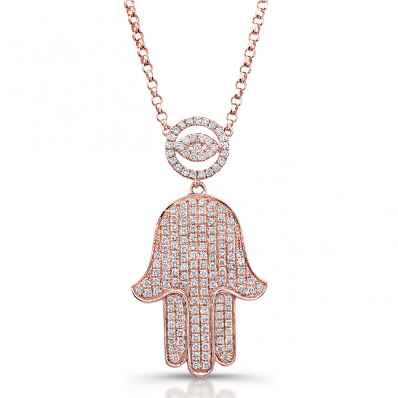 14k Rose Gold Micro Pave Diamond Evil Eye and Hamsa Necklace