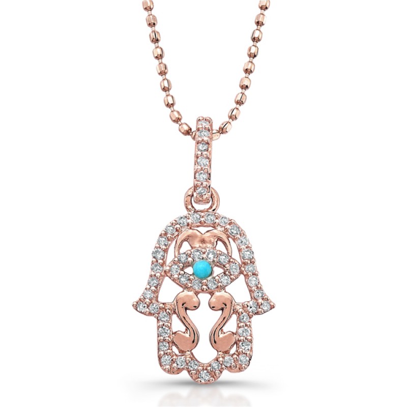 14k Rose Gold Diamond and Turquoise Hamsa Pendant