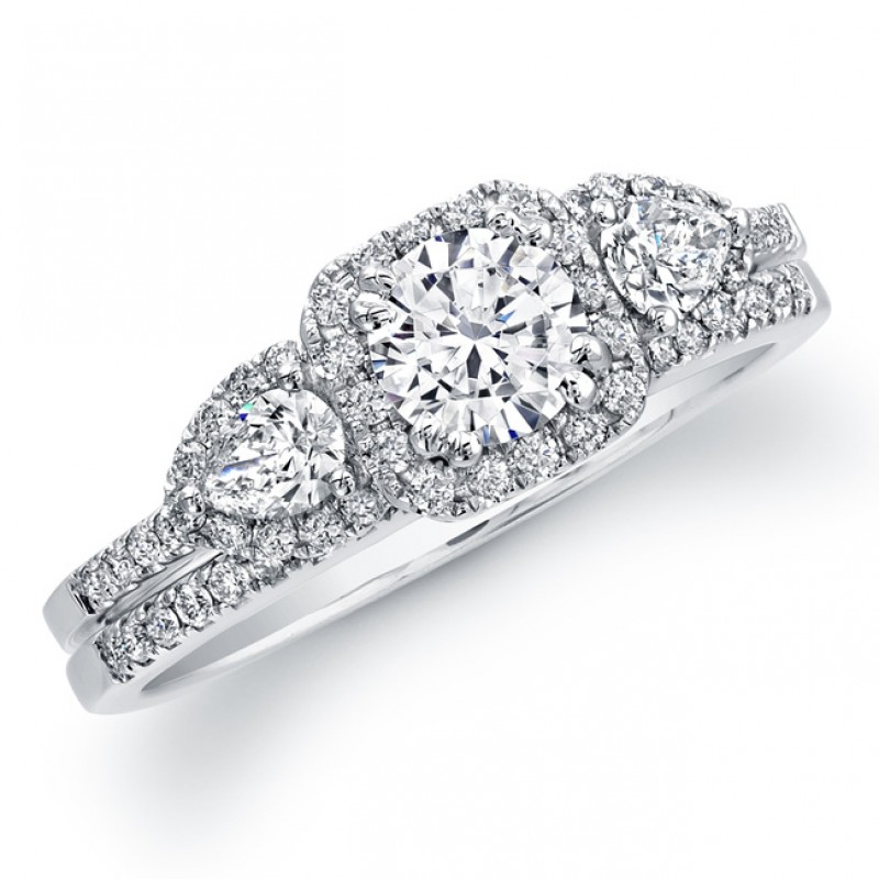 14k White Gold Diamond Halo Three Stone Bridal Set