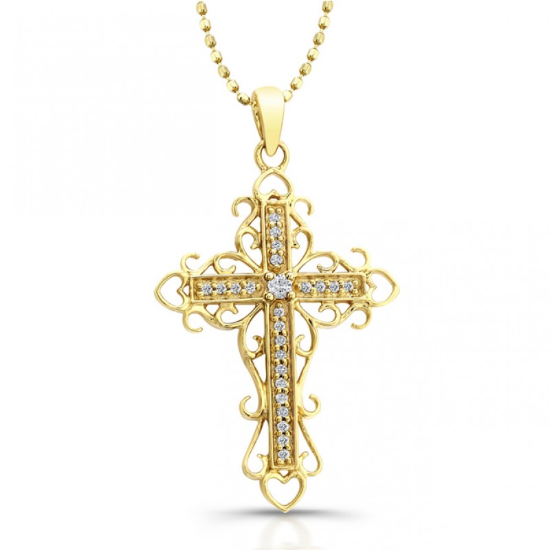 14k Yellow Vintage Gold Diamond Cross Pendant