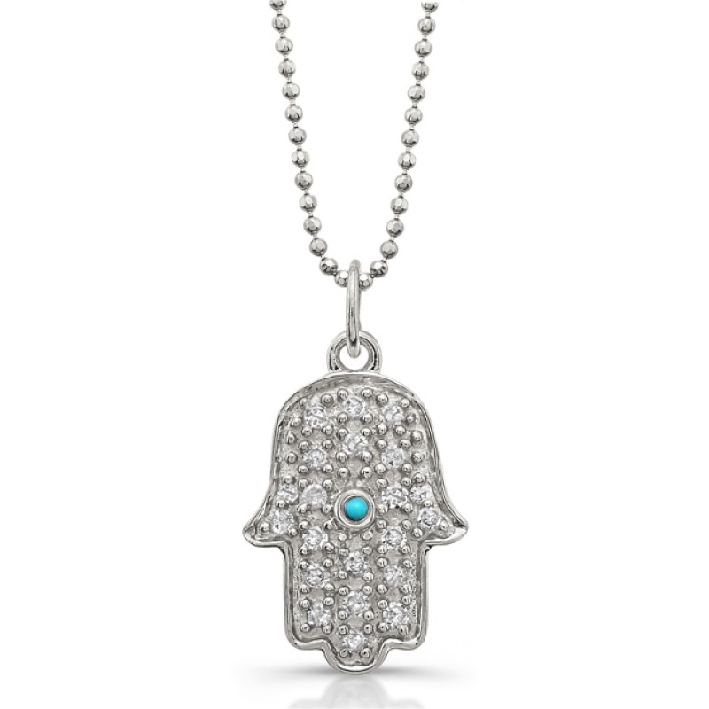 14k White Gold Pave Diamond and Bezel Turquoise Hamsa Pendant