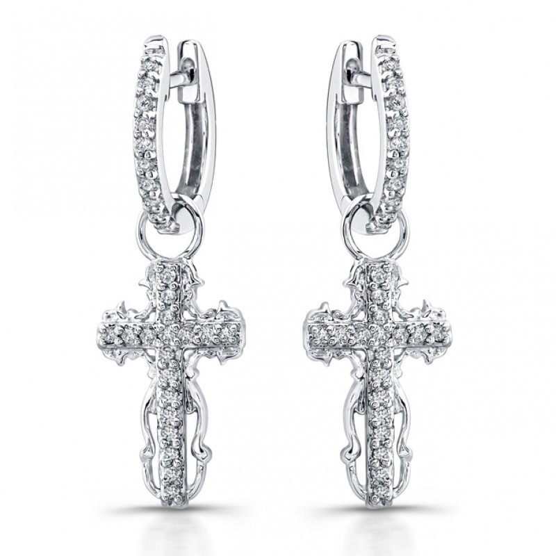 14k White Gold Vintage Diamond Cross Earrings
