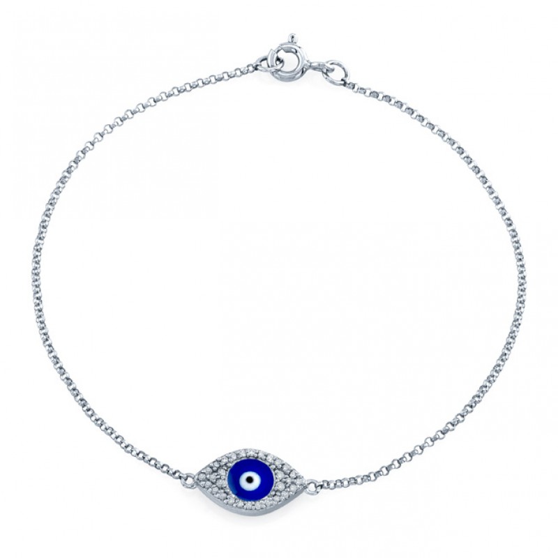 14k White Gold Diamond Encrusted Dark Blue Enamel Evil Eye Bracelet