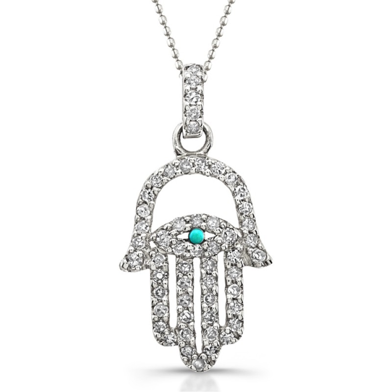 14k White Gold Diamond Turquoise Hamsa Pendant