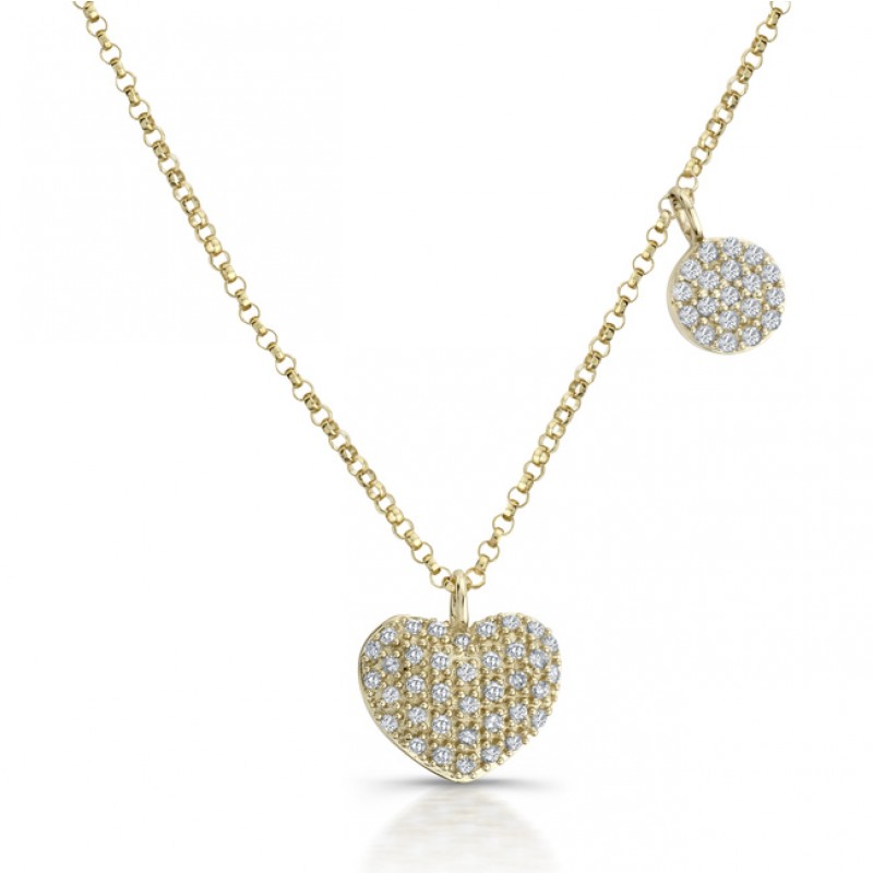 14k Yellow Gold Diamond Pave Heart Disc Necklace