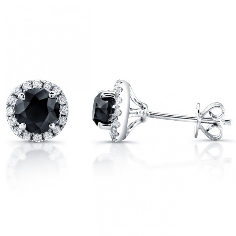 14k White Gold Diamond Halo Earrings Black Diamond Center