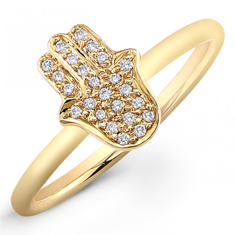 14k Yellow Gold Pave Diamond Hamsa Ring