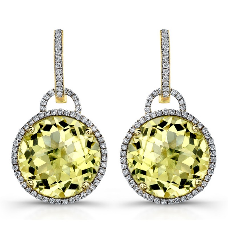 14k Yellow Gold Lemon Quartz Diamond Earrings