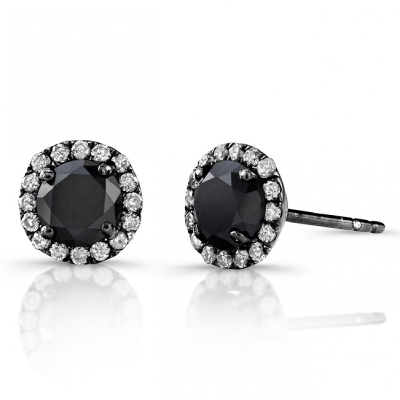 14k Gold with Black Rhodium 1 3/4ct twt Black and White Diamond Halo Stud Earrings 