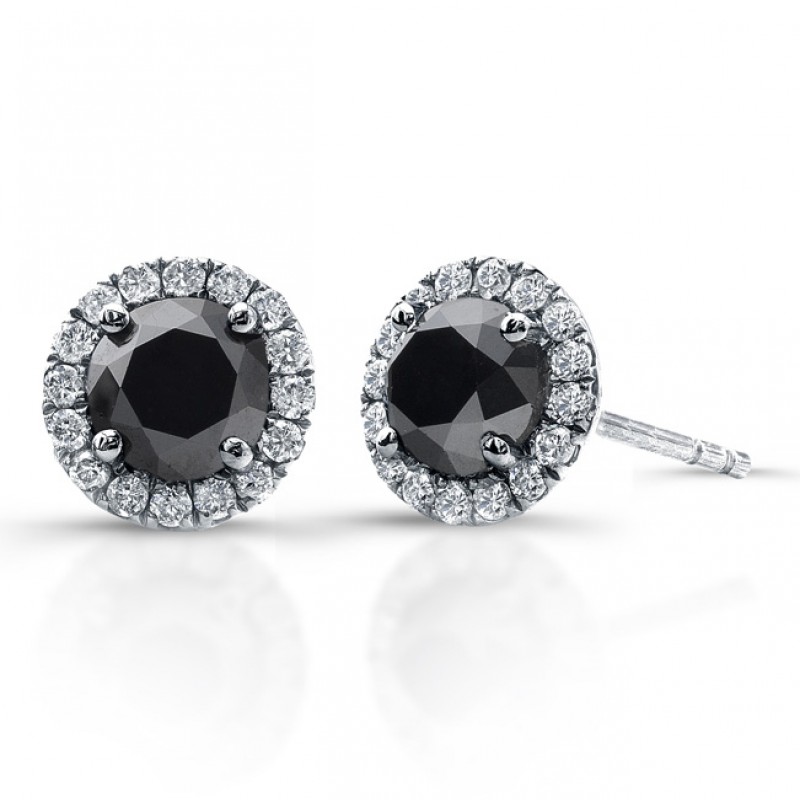 14k White Gold 1.00ct twt Black and White Diamond Halo Stud Earrings 