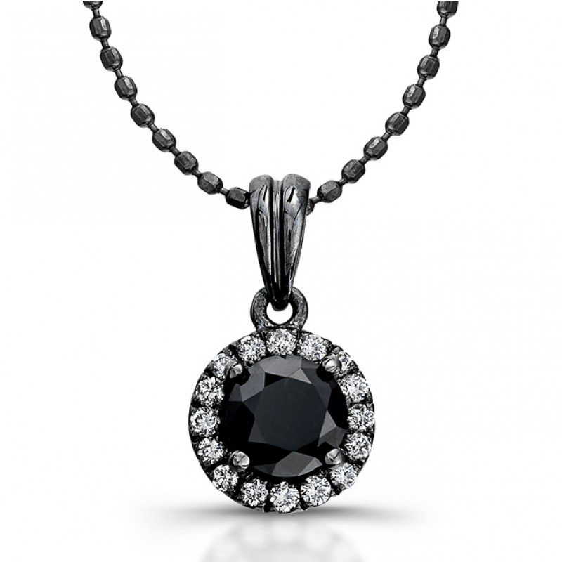 14k Gold with Black Rhodium 1.00ct Black and White Diamond Halo Pendant 