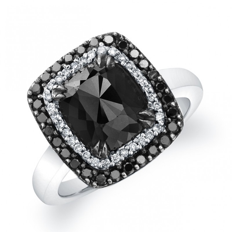 18k White Gold Rose Cut Brown Diamond Halo Ring of Black and White Diamonds