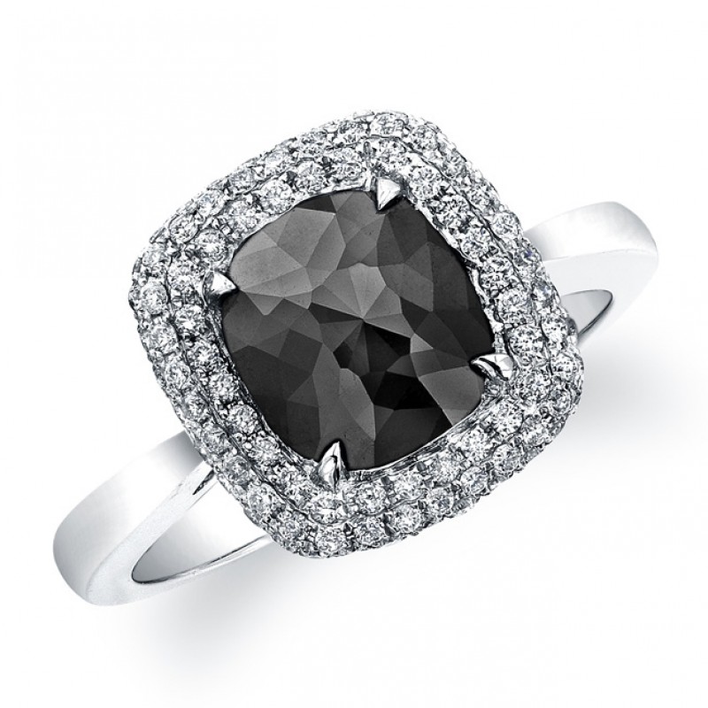 18k White Gold Rose Cut Black Diamond Double Halo Ring