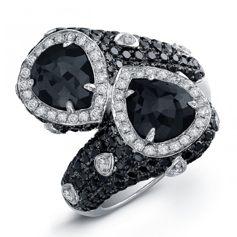 18k White Gold Rose Cut Black Diamond Pave Bypass Ring