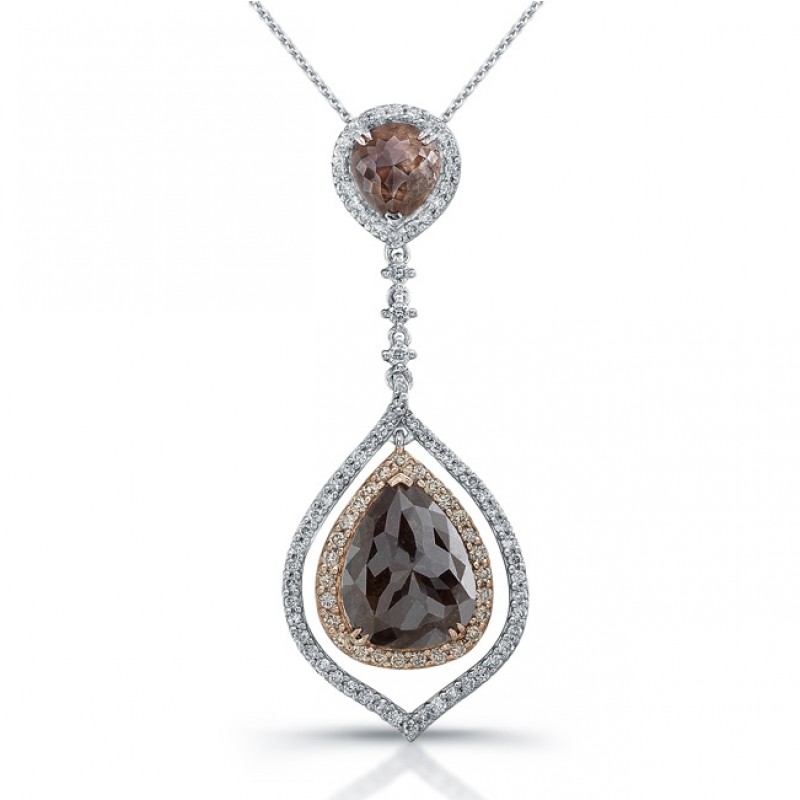 18k White and Rose Gold Rose Cut Brown Diamond Drop Rustic Pendant