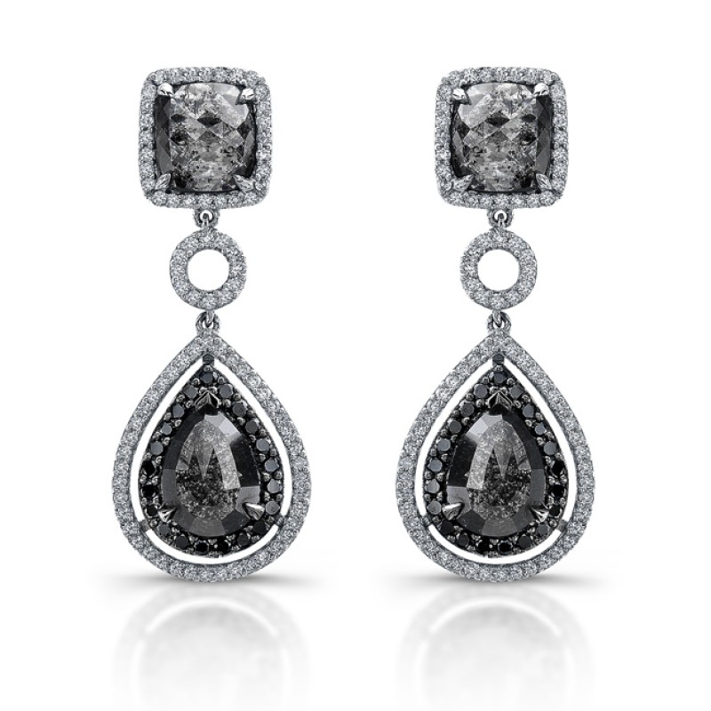 14k White Gold Black Diamond Rustic Drop Earrings