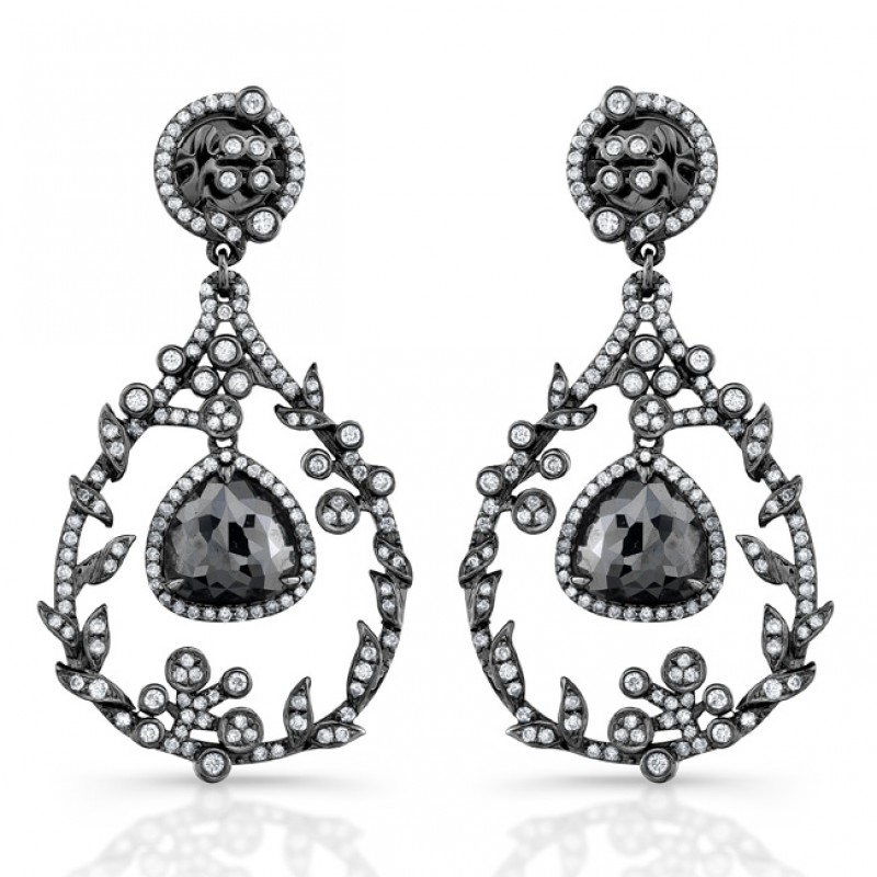 18k Black Gold Rose Cut Black Diamond Chandelier Drop Earrings