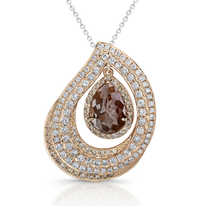 18k Rose Gold Pear Shaped Brown Diamond Rustic Pendant