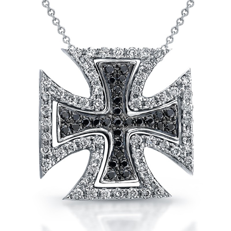 14k White Gold Black and White Diamond Cross Pendant