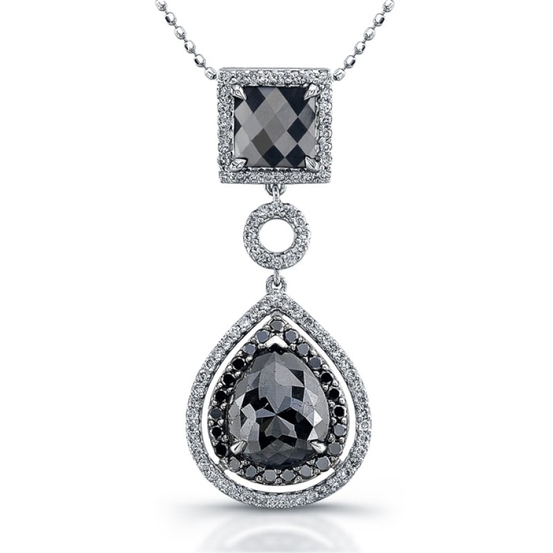 18k White Gold Black Diamond Square Drop Pendant