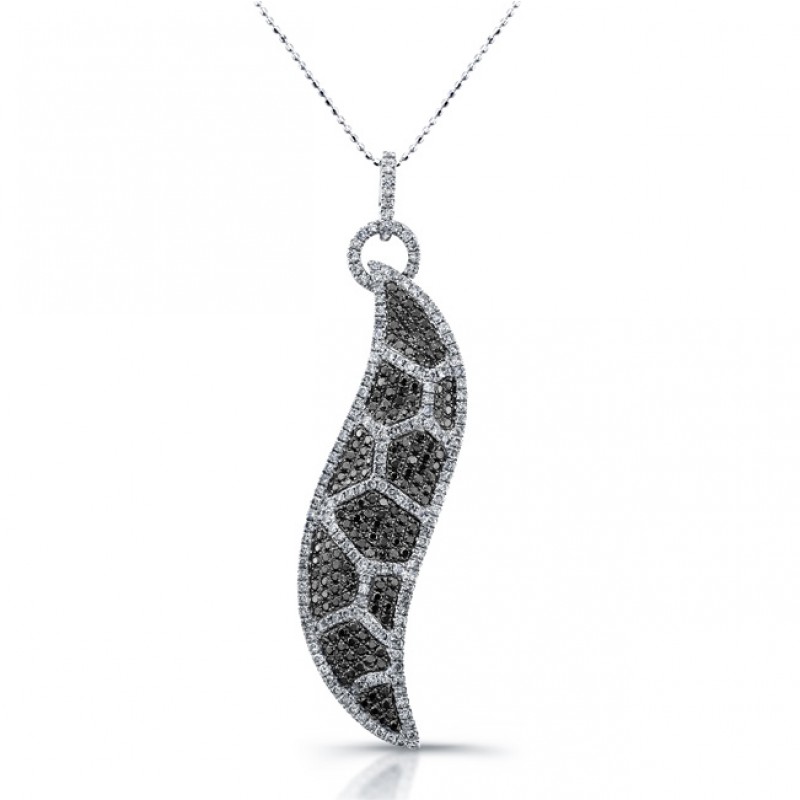 14k White Gold Black and White Diamond Swirl Fashion Pendant
