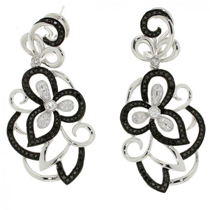 14k White and Black Gold Black Diamond Flower Drop Earrings