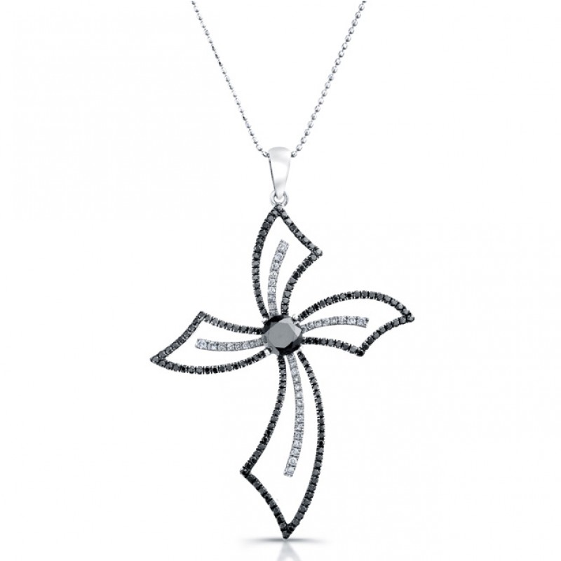 14k White Gold Black and White Diamond Cross Pendant
