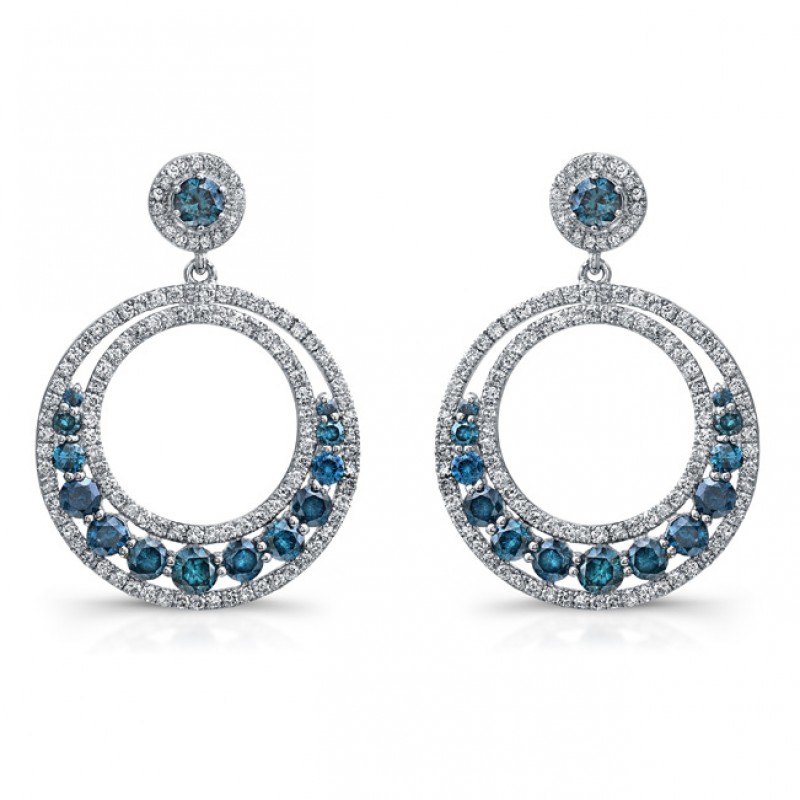 14k White Gold Treated Blue Diamond Large Dangle Hoop Earrings