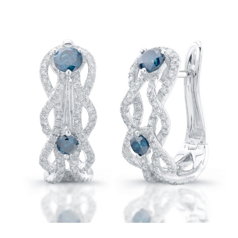 14k White Gold Treated Blue Diamond Wave Earrings