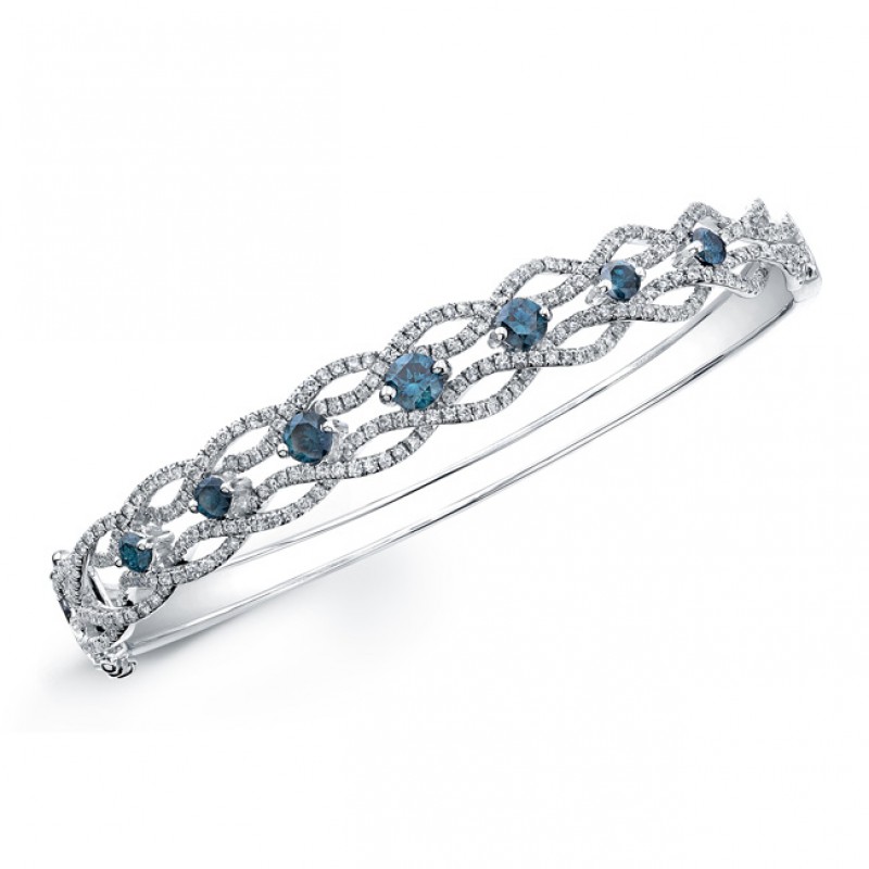 14k White Gold Treated Blue Diamond Wave Bangle
