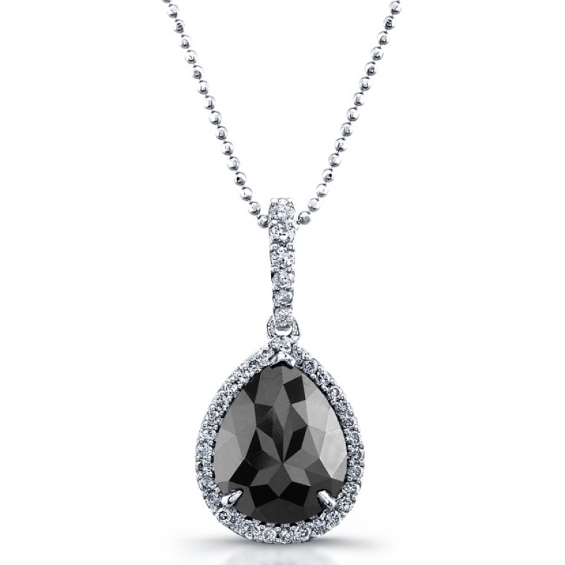 18k White Gold Pear Shaped Black Diamond Halo Pendant