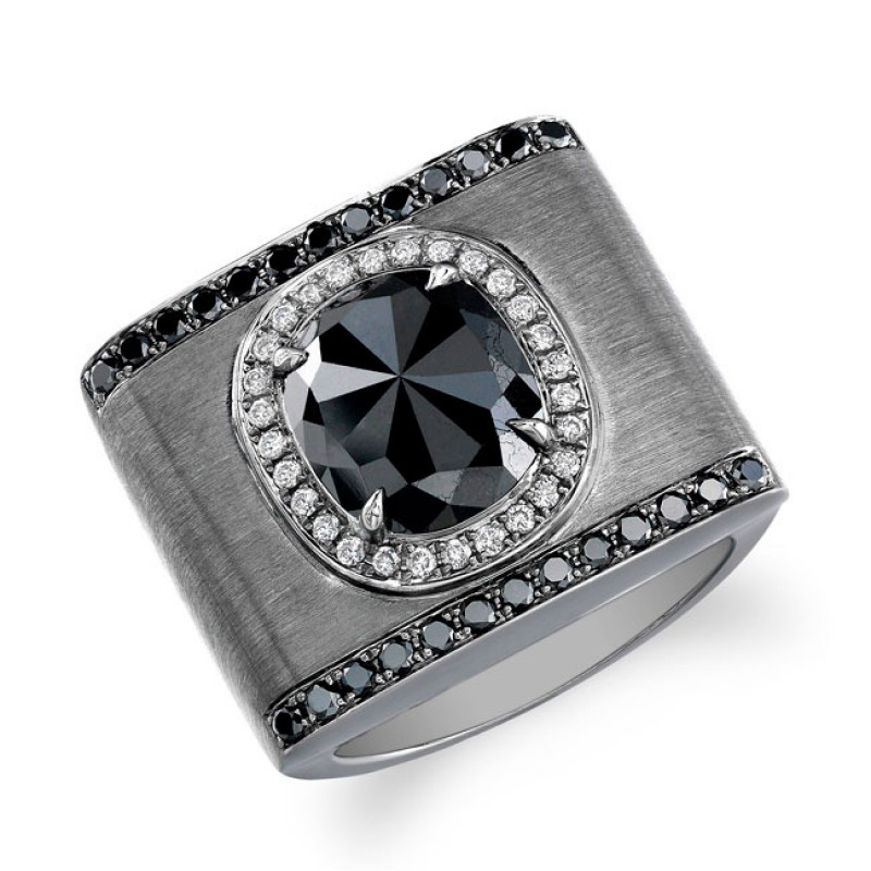 18k Brushed Black Gold Rose Cut Black and White Halo Diamond Ring