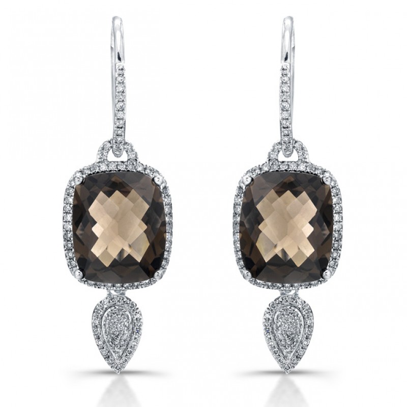 14k White Gold Smokey Quartz Diamond Earrings