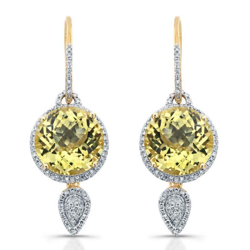 14k Yellow Gold Round Lemon Quartz Diamond Earrings