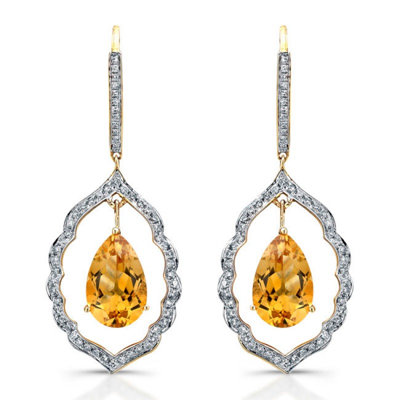 14k Yellow Gold Pear Shaped Citrine Diamond Earrings