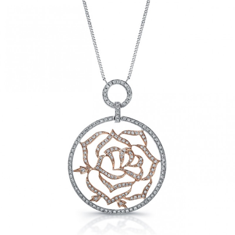 14k White and Rose Gold Diamond Circle Flower Necklace