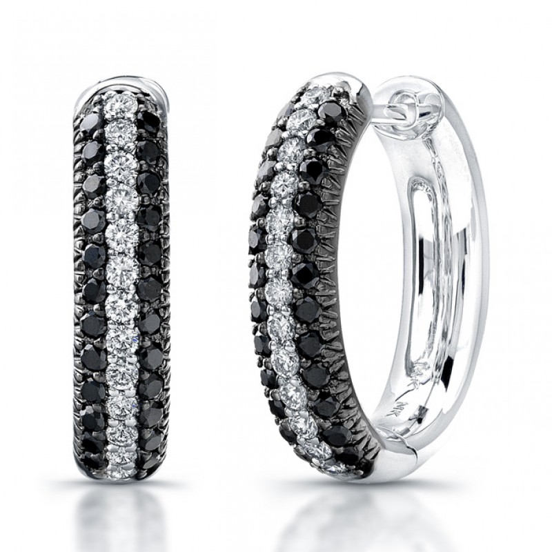 14k White Gold Black and White Pave Diamond Hoop Earrings