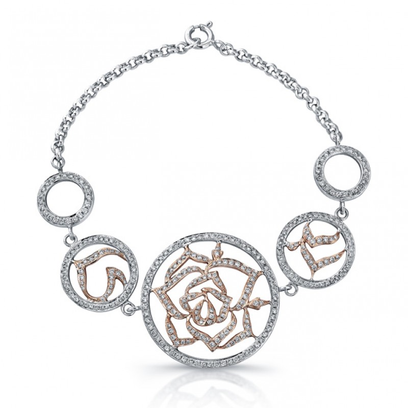14k White and Rose Gold Diamond Circle Flower Bracelet