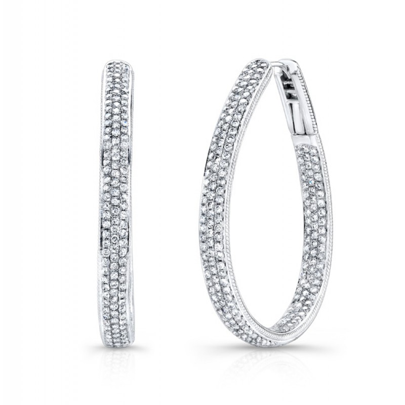 14k White Gold Inside Outside White Diamond Hoops