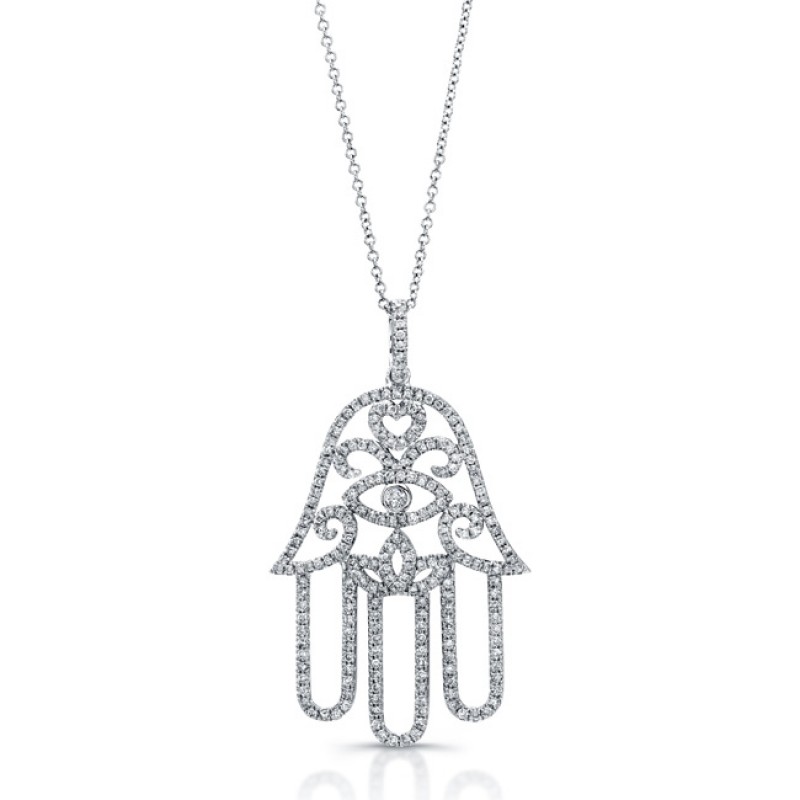 14k White Gold White Diamond Hamsa Pendant 